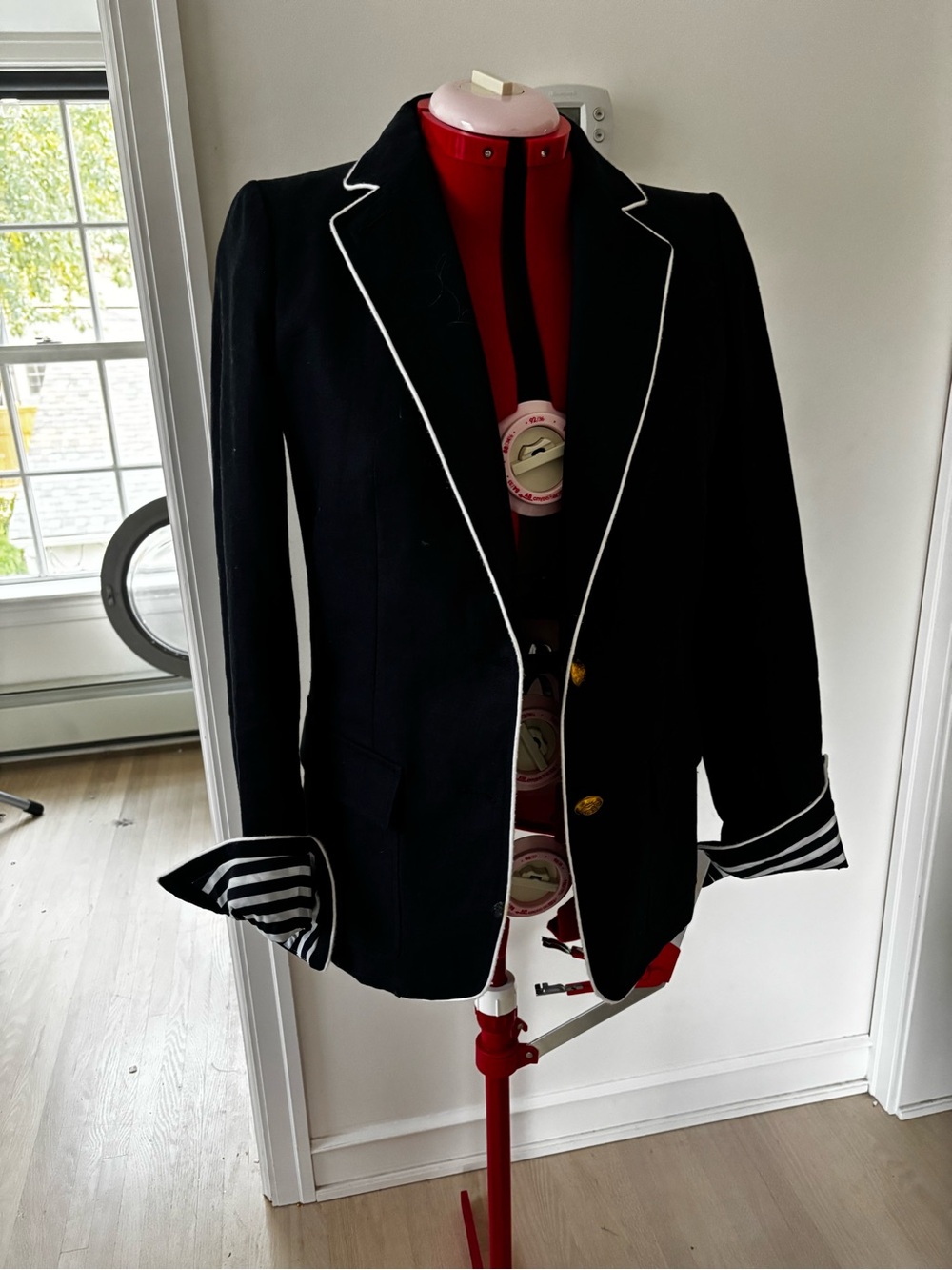 J. Crew Black Blazer with White Piping and Striped Cuffs